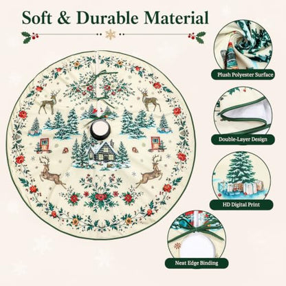 48 Inch Rustic Christmas Tree Skirt with Deer and Poinsettia Print