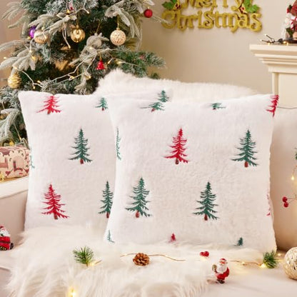 Christmas Throw Pillow Covers 18x18 Set of 2 - Red Green Faux Fur Decor
