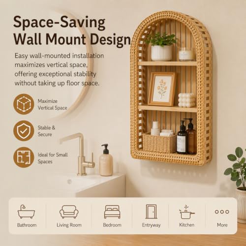 3-Tier Hand-Woven Bamboo Wall Shelf with Arch Frame - Rustic Wall Mount Organizer