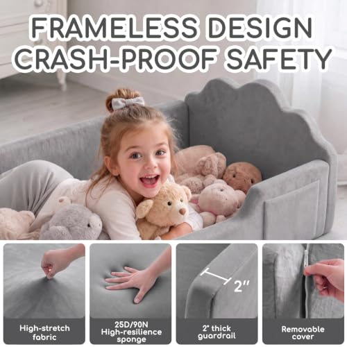 Grey Toddler Floor Bed No Assembly Soft Foam Frame Removable Cover