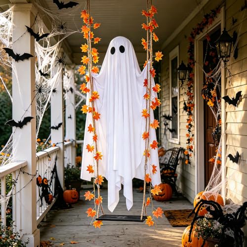 Outdoor Halloween Ghost Decor with String Lights, 4.4ft Spooky Ghost Swing