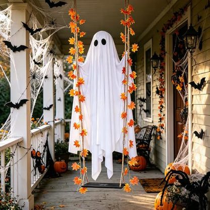 Outdoor Halloween Ghost Decor with String Lights, 4.4ft Spooky Ghost Swing