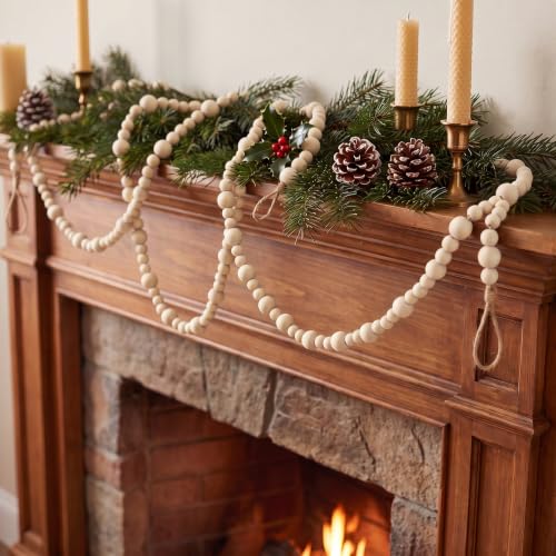 Natural Wood Bead Garland 18.4 Ft Rustic Boho Christmas Decor - 2 Pcs