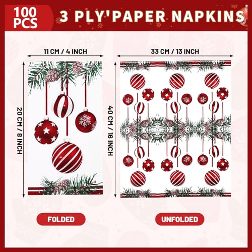 Christmas Disposable Paper Napkins with Pine Cone & Ornament Design - 100 Pack