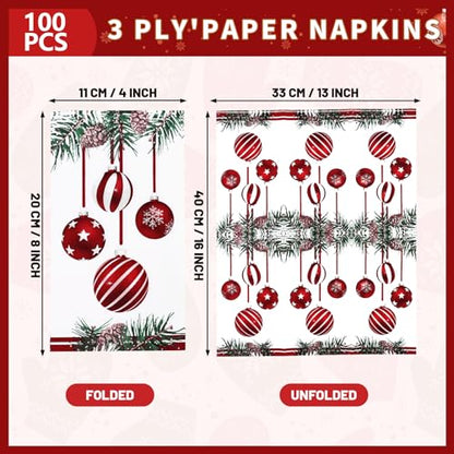 Christmas Disposable Paper Napkins with Pine Cone & Ornament Design - 100 Pack