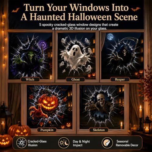 Halloween Window Decorations Cracked Glass Decals with Skull - Spooky 3D Illusion, Removable for Haunted House & Storefronts