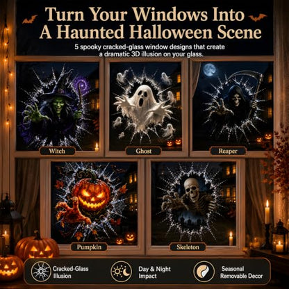Halloween Window Decorations Cracked Glass Decals with Skull - Spooky 3D Illusion, Removable for Haunted House & Storefronts