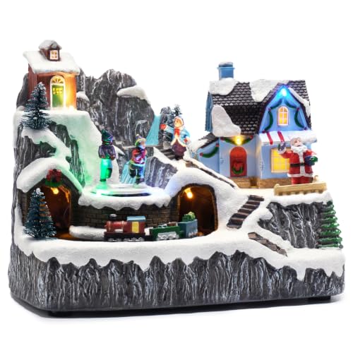 Valery Madelyn Christmas Village Scene Decorations - Santa Ice Rink Variation, Lighted Musical Resin Home Decor, 9 Inch