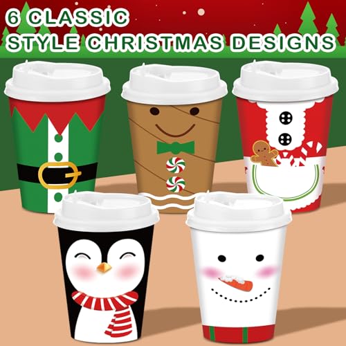 Christmas Paper Cups with Lids 12 oz - Cute Style, 100 Pack