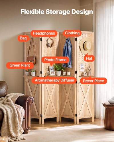 Wood Room Divider Pegboard Folding Privacy Screen with Shelves - Natural Finish