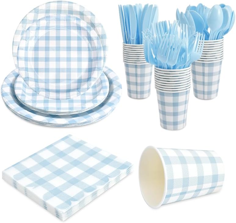 Skiennix 168Pcs Gingham Party Supplies - Disposable Dinner Set for 24 Guests | Blue Plates, Napkins & Cutlery