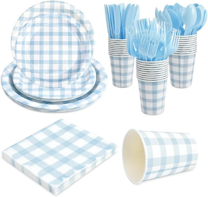Skiennix 168Pcs Gingham Party Supplies - Disposable Dinner Set for 24 Guests | Blue Plates, Napkins & Cutlery