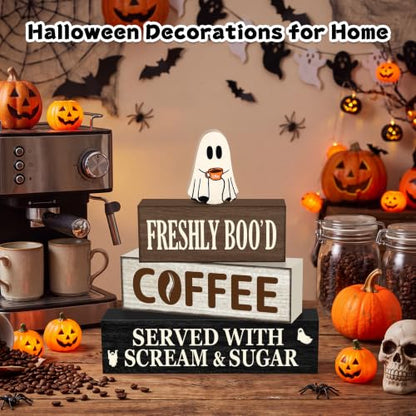 Oat Halloween Wooden Coffee Decor Set - Ghost & Slogan Farmhouse Holiday Decorations