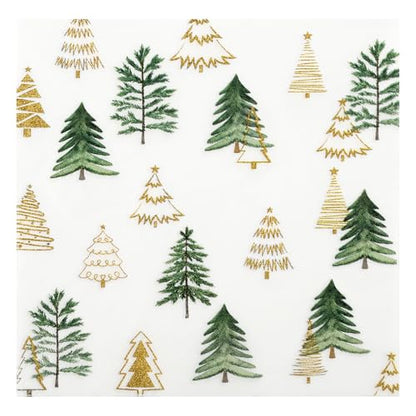 Christmas Tree Paper Napkins with Gold Glitter Trees - 100 Pcs, 6.5in - Xmas Trees