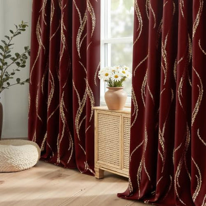 Yakamok Burgundy Gold Wave Line Dots Light Blocking Curtains 38x63 Inches Pair with Back Tab