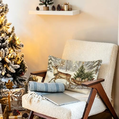 Reindeer Sleigh Christmas Throw Pillow Cover 20x12 Inches - Holiday Decor - Pack of 1