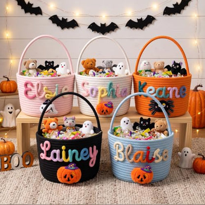 Personalized Halloween Rope Basket with Name for Kids - Candy Carrier, Multi-Color Options