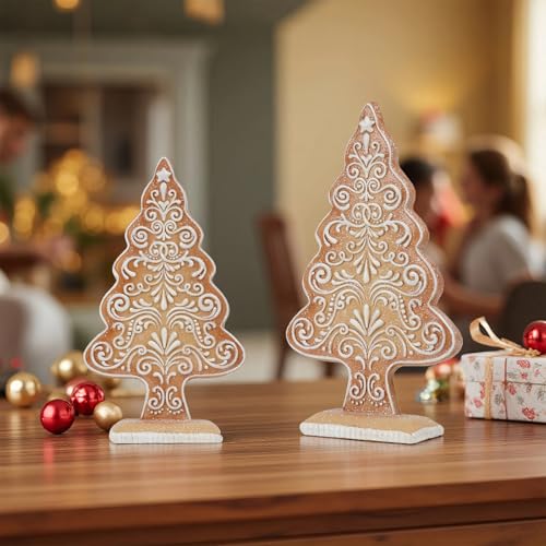 Large Gingerbread Christmas Tree Figurine - Holiday Sequin Village Decor