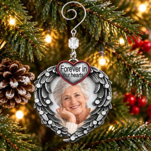 Memorial Photo Ornament Set - Silver Heart with Angel Wings, 3 Pack with Storage Bag - Personal Keepsake for Loss of Loved One
