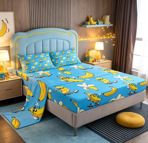 Queen Size Fitted Sheet Set with Flat Sheet and Pillowcases - Blue Yellow Banana Design