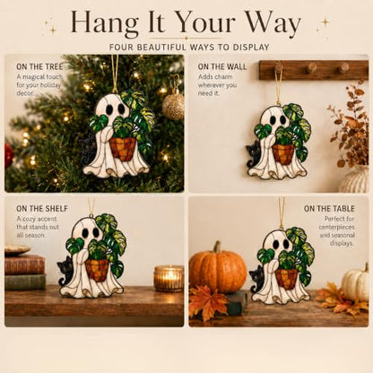 Halloween Ghost Monstera Ornament - Cat Variation, Flat Acrylic Decor, 3.94 Inch