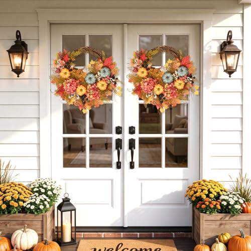 Fall Wreath for Front Door 18-Inch Artificial Pumpkin Hydrangea Autumn Decor - 1 Pcs