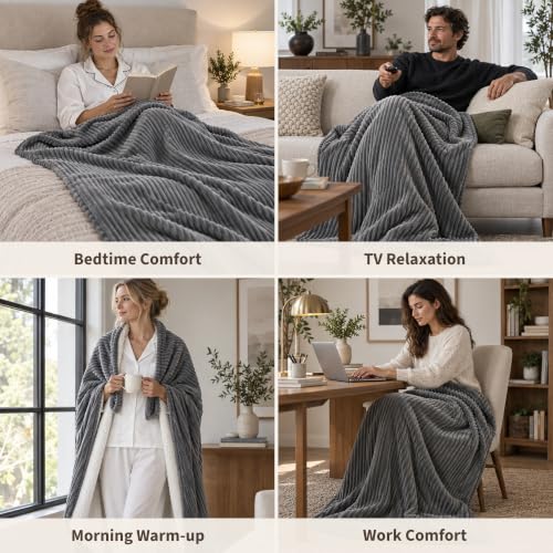 Garvee Light Gray Heated Blanket with Foot Pockets, 50x62 Electric Throw, Reversible Ribbed & Sherpa