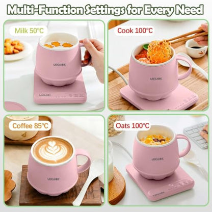 Pink 400ML Electric Mug Warmer with 4-in-1 Beverage Heating and Cooking Modes