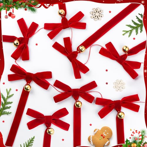 Christmas Velvet Bow Garland with Bells - Red Ribbon Holiday Decor