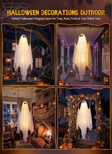 Minetom 4.5FT Medium Swinging Ghost Halloween Outdoor Decor, Hanging Ghost with Lights