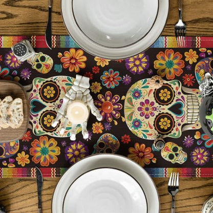 Flowers Sugar Skull Mexican Day of The Dead Table Runner - Red & Blue 13x90 Inch