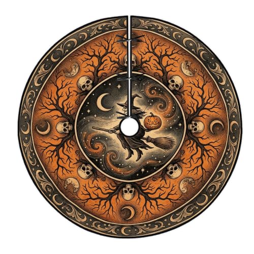 Gothic Witch Halloween Tree Skirt 60 Inch - Orange & Black, Skulls & Moon Design