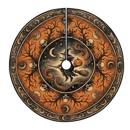 Gothic Witch Halloween Tree Skirt 60 Inch - Orange & Black, Skulls & Moon Design