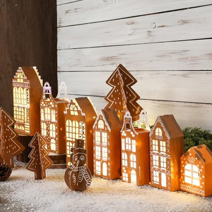 Christmas Gingerbread Village Set with Houses, Trees, Snowman - Holiday Decor