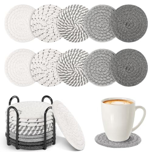 10-Pack Cotton Linen Coasters with Holder, Absorbent Drink Coasters for Kitchen & Bar