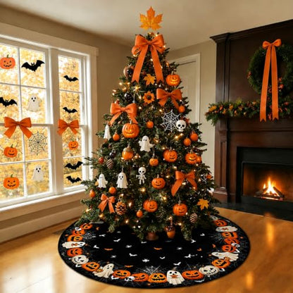 Halloween Tree Skirt 48 Inch Short Plush Pumpkin & Spider Web Design with Variation Black Pumpkin Face