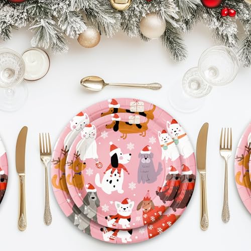 Christmas Dog Paper Plates Set - 9 & 7 Inch Pink Puppy Party Supplies, 30 Pcs - Variation: Christmas Dog