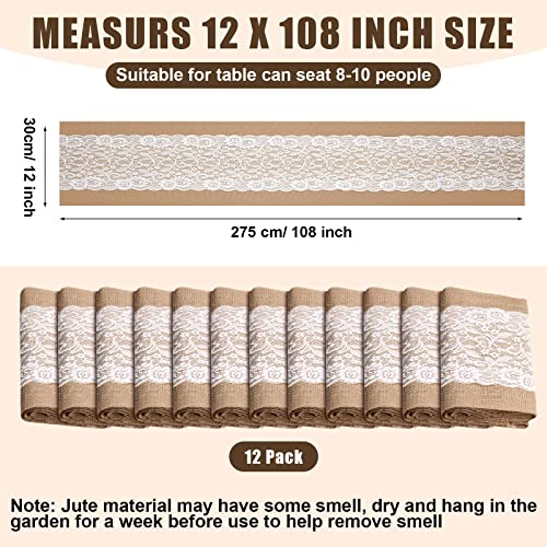 Rustic Burlap Table Runners with Lace 12 x 108 Inches Set of 12