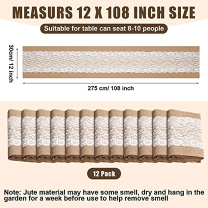 Rustic Burlap Table Runners with Lace 12 x 108 Inches Set of 12