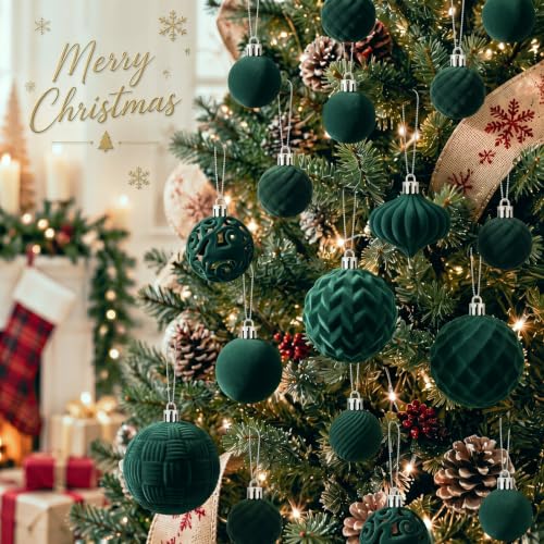Velvet Christmas Ornaments Set 46 pcs Forest Green Shatterproof Holiday Decor - Variation of THIS listing