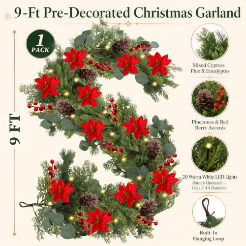 9 FT Christmas Garland with Lights - Artificial Pine Needle with Red Berries - Variation 1