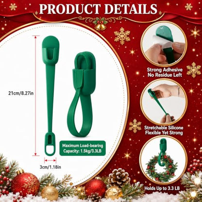 Reusable Christmas Garland Hooks with Adhesive Strips - Green Silicone Set