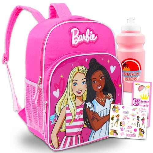 Barbie Backpack for Girls 4-6 - 16" School Bag Bundle With Water Bottle, Tattoos, and More