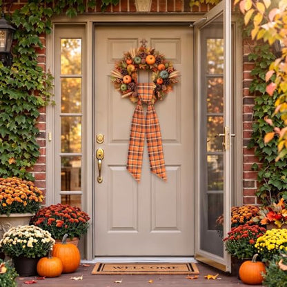 Fall Wreath Sash Orange Black Plaid Ribbon Bow for Front Door - 5x55.91 inches