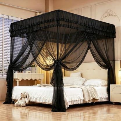 Black Queen Bed Canopy with Mosquito Netting - 4 Corners Post Drapes for Bedroom Decor