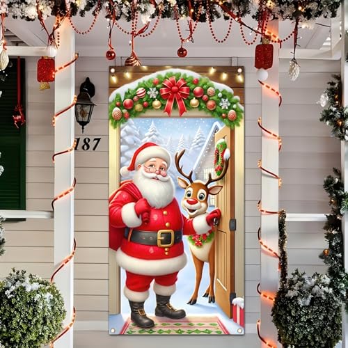 Christmas Door Cover Santa Reindeer Winter Wonderland 35x71 Inch Polyester