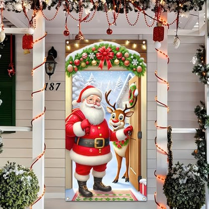 Christmas Door Cover Santa Reindeer Winter Wonderland 35x71 Inch Polyester
