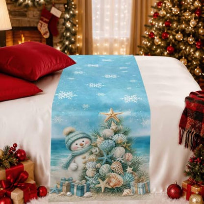 Queen Size Coastal Beach Bed Runner with Christmas Tree Starfish Decor - 83x20 Inches Blue Yellow
