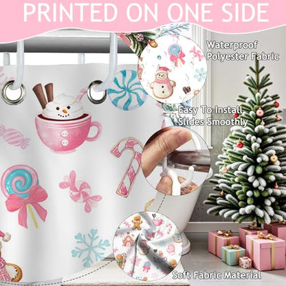 Christmas Shower Curtain 72x72 Inches Snowman Gingerbread Kids Waterproof Fabric Holiday Decor