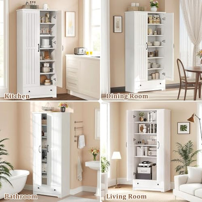 Tall White Storage Cabinet with Adjustable Shelves - 70 Inch Kitchen & Home Pantry